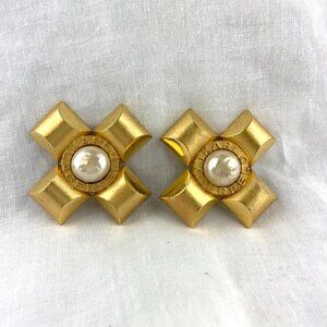 KARL LAGERFELD   Gold cross Earrings BIG 80's faux  Pearl  Signed